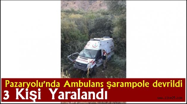 Pazaryolu'nda Ambulans şarampole devrildi: 3 yaralı